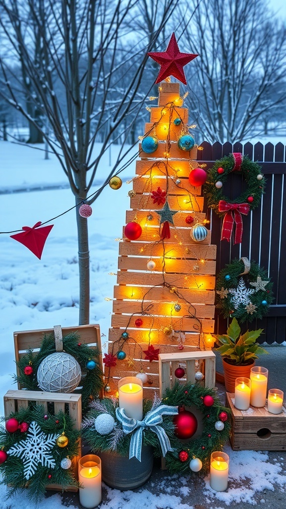 Outdoor Christmas decorations featuring a pallet tree, lights, and wreaths in a snowy setting.